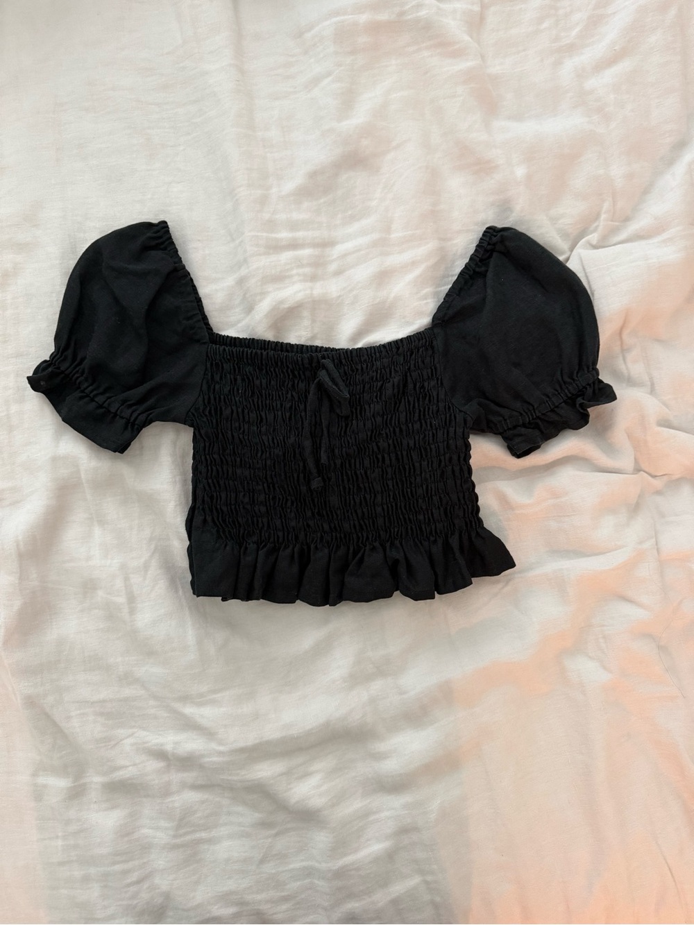 Faithfull the Brand Black Smocked Puff-Sleeve Crop Top